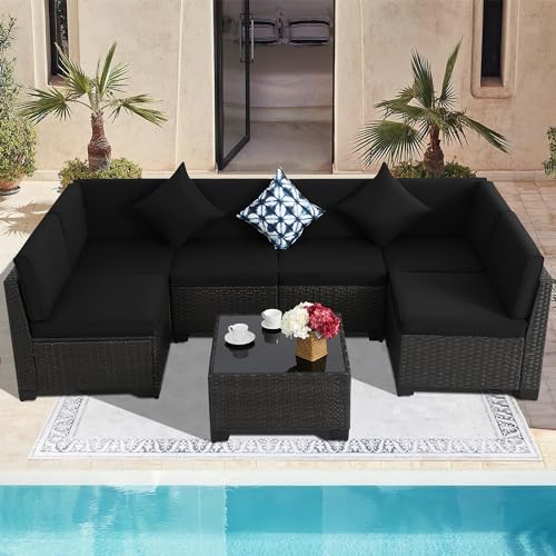 KIGOTY Patio Furniture Set 7 Pieces Outdoor Sectional Sofa with Cushions and Glass Coffee Table B60021