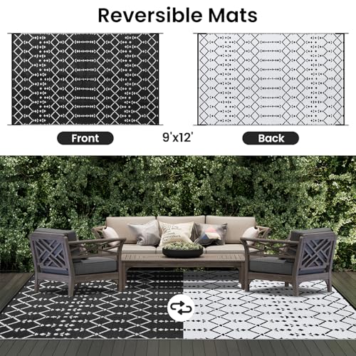 Smiry Waterproof Outdoor Rug 5x8 ft, Reversible Plastic Straw Patio Mat, Black & Beige P20186