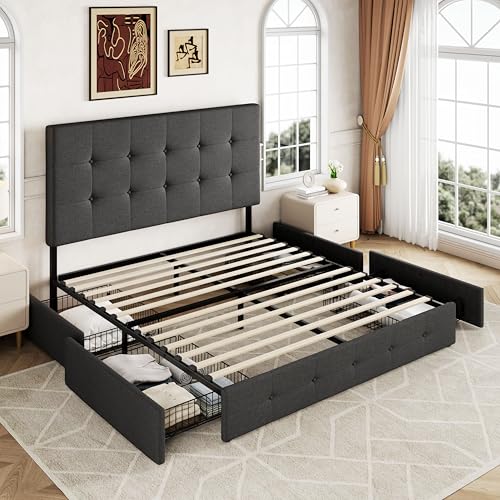 Allewie Upholstered Queen Platform Bed Frame with 4 Drawers and Headboard, Light Grey A922
