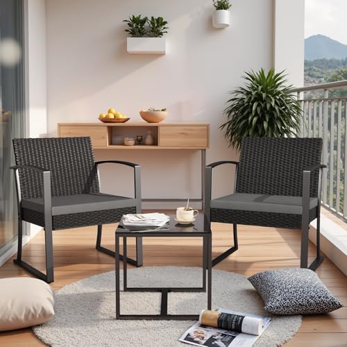 Homall 3 Piece Resin Outdoor Bistro Set with Cushions and Table, Black T139662