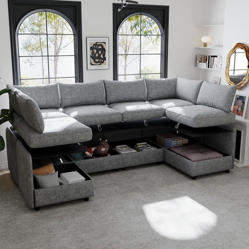 Oversized Modular Sectional Sofa with Movable Ottomans, U-Shaped Chenille J2923