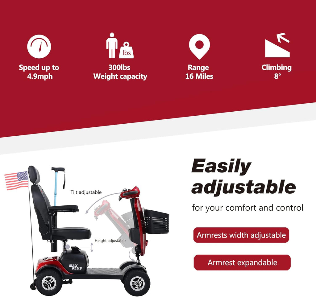 Electric Mobility Scooter for Seniors Adults 4-Wheel Folding Travel Scooter with Extended Battery and Basket, Red G8869