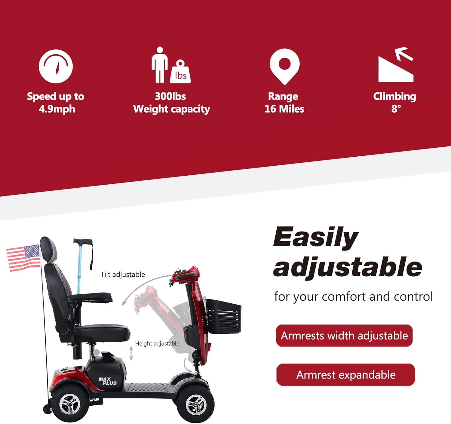 Electric Mobility Scooter for Seniors Adults 4-Wheel Folding Travel Scooter with Extended Battery and Basket, Red G8869