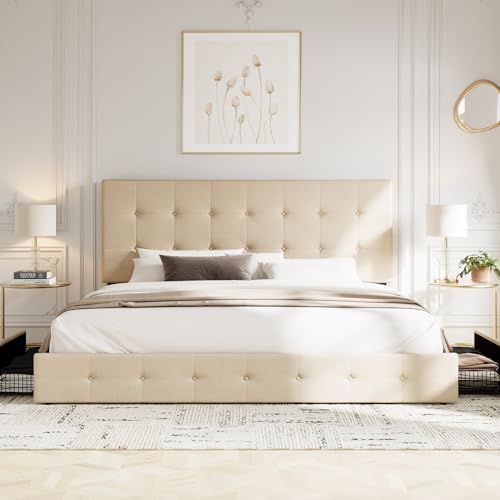Allewie Upholstered Queen Platform Bed Frame with 4 Drawers and Headboard, Light Grey A922