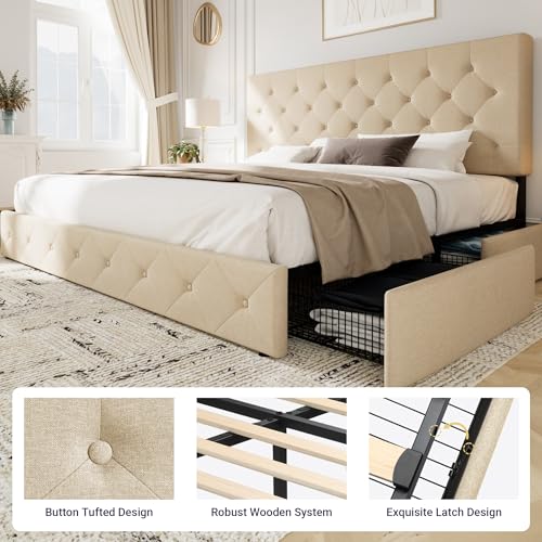 Allewie Upholstered Queen Platform Bed Frame with 4 Drawers and Headboard, Light Grey A922