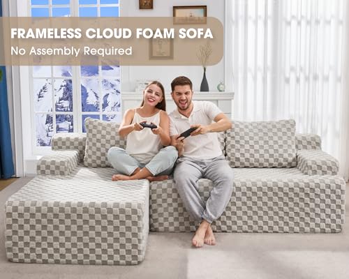 Modular Sectional Sofa L-Shape Couch with Oversized Chaise, Grey Stripe I49459