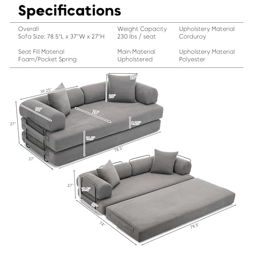 Corduroy Convertible Sleeper Sofa Bed with Pillow, Beige S401207
