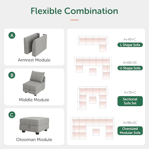 HONBAY Modular Sectional Sofa U Shaped with Storage, Grey G638
