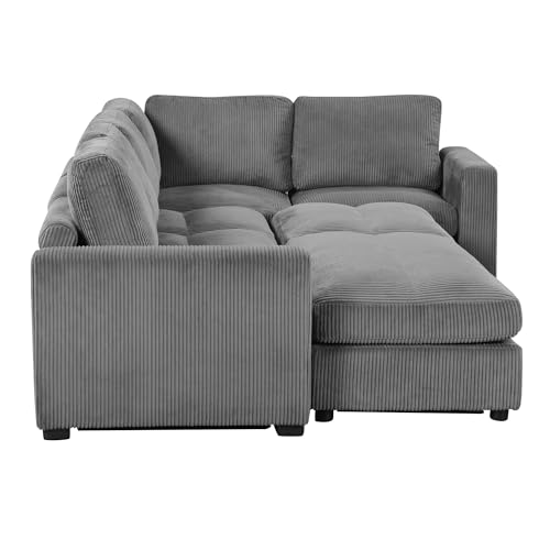 Merax 121.3" Sectional Corduroy Sofa Bed with Two Ottomans, Gray Q499