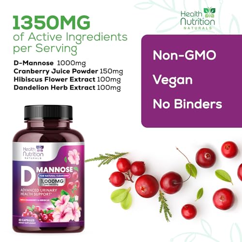 D-Mannose & Cranberry Extract 1350mg, Urinary Tract Health Support, Non-GMO, Vegan - 120 Capsules D9170