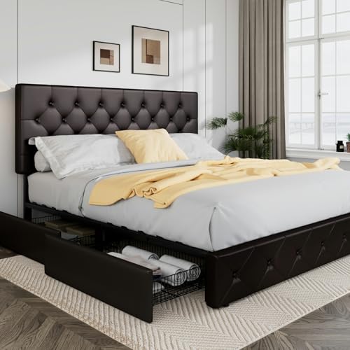 Allewie Upholstered Queen Platform Bed Frame with 4 Drawers and Headboard, Light Grey A922