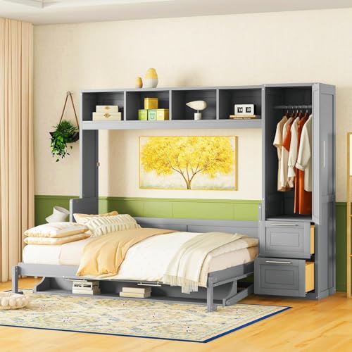 Queen Size Murphy Bed Wall Bed with Closet and Drawers, Gray P80410