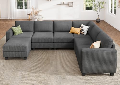 HONBAY Corduroy Modular Sectional Couch with Storage, Dark Gray A586576