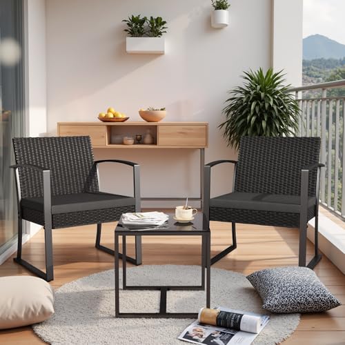 Homall 3 Piece Resin Outdoor Bistro Set with Cushions and Table, Black T139662