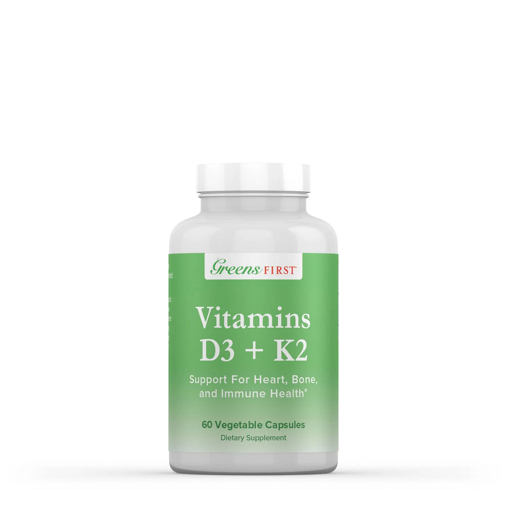 Greens First Vitamins D3+K2 - Support for Heart, Bone, Vascular and Immune Health - Made with Vitamin D3 & Vitamin K2 - 60 Vegetable Capsules