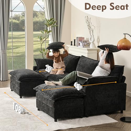 U Shaped Modular Sectional Sofa with Ottoman, Chenille, Black P2121