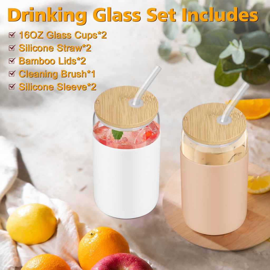 sungwoo Glass Cups with Bamboo Lids and Straws, 16OZ, 2 Pack B916395