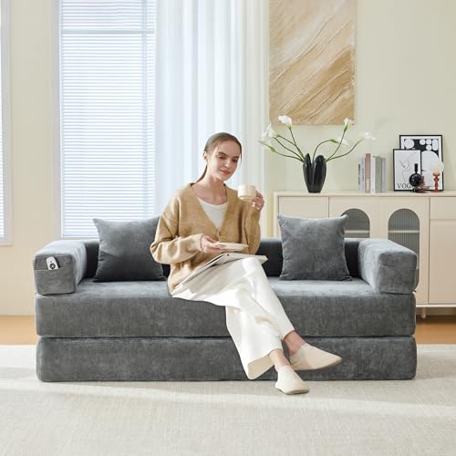Corduroy Convertible Sleeper Sofa Bed with Pillow, Beige S401207
