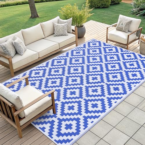 Smiry Waterproof Outdoor Rug 5x8 ft, Reversible Plastic Straw Patio Mat, Black & Beige P20186