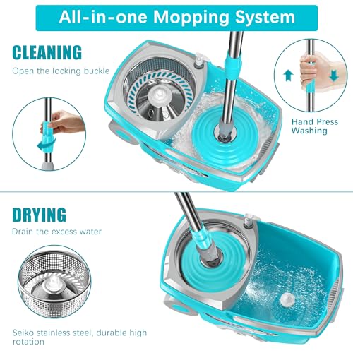 FunClean Spin Mop and Bucket with Wringer, 360° Floor Cleaning Tool, 61" Handle, Blue Q21676