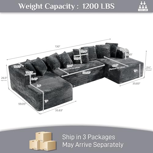 131" Modular Sectional Sofa Cloud Couch, Corduroy Memory Foam Black O10952