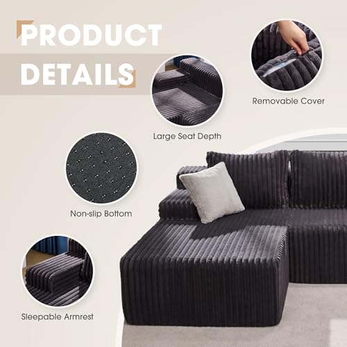 Modular Sectional Sofa L-Shape Couch with Oversized Chaise, Grey Stripe I49459