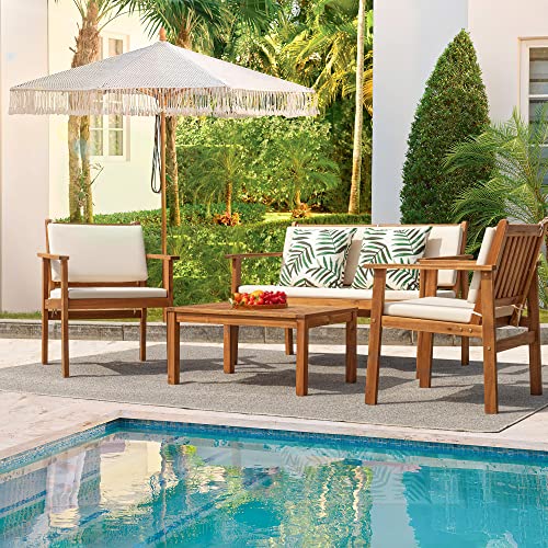 Flamaker 3 Piece Acacia Wood Patio Furniture Set with Coffee Table & Cushions B730
