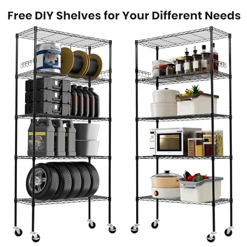 6 Tier Storage Shelves with Wheels, Heavy Duty Adjustable Metal Shelving Rack, Black T460