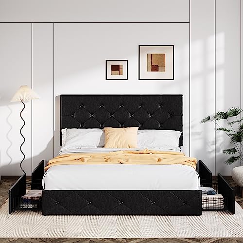Allewie Upholstered Queen Platform Bed Frame with 4 Drawers and Headboard, Light Grey A922