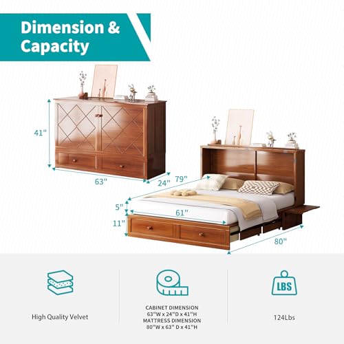 BALUS Murphy Bed Cabinet, 63" W Queen, Tri-fold Mattress, Cherry G595