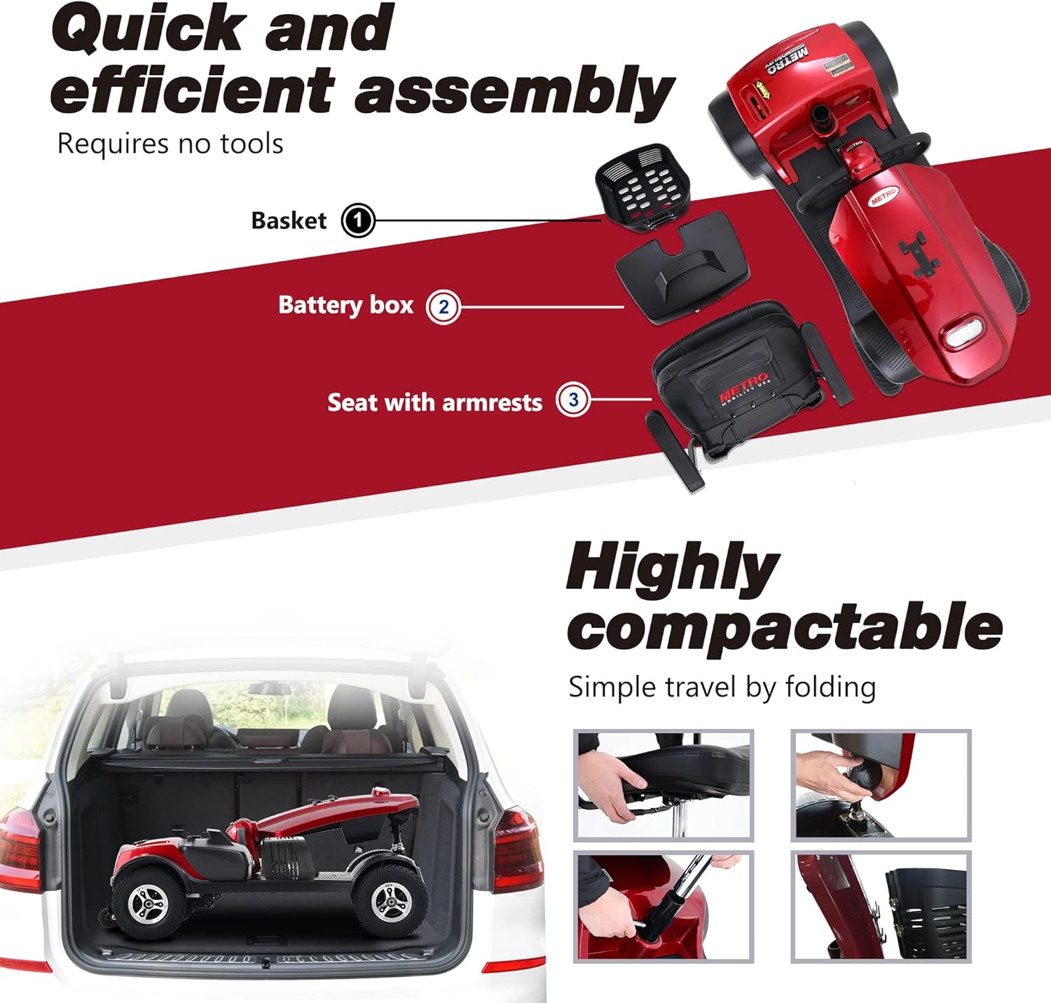 Electric Mobility Scooter for Seniors Adults 4-Wheel Folding Travel Scooter with Extended Battery and Basket, Red G8869
