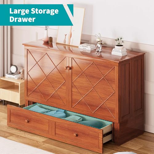 BALUS Murphy Bed Cabinet, 63" W Queen, Tri-fold Mattress, Cherry G595