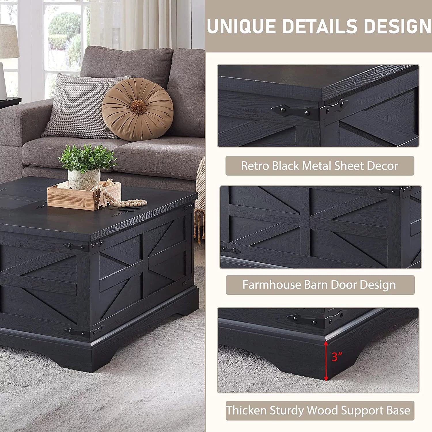 Farmhouse Coffee Table with Hidden Storage Compartment U599