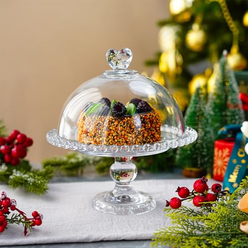 7" Crystal Cake Plate with Dome, Glass Serving Platter with Lid R996