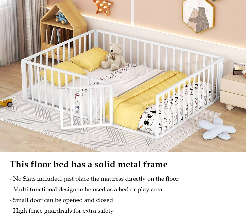 Bellemave Queen Metal Floor Bed with Fence Rails and Lockable Door, White N142