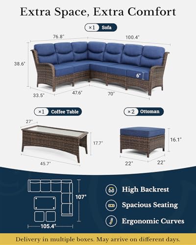 Luxury Patio Furniture Set 7PCS Wicker Conversation Set with Blue Cushions J5390