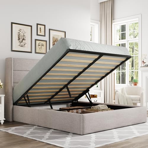 Allewie Full Size Lift Up Storage Bed with Wingback Headboard, Light Beige C85153