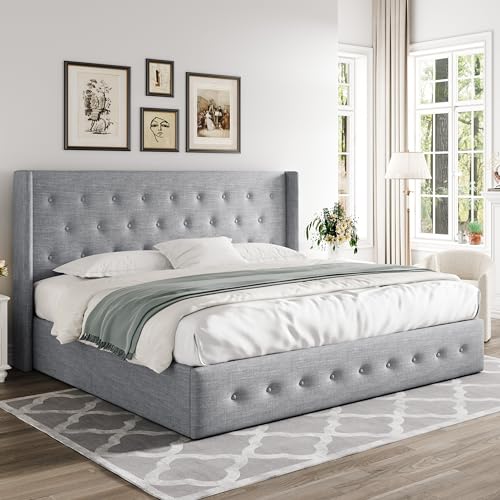 Allewie Full Size Lift Up Storage Bed with Wingback Headboard, Light Beige C85153