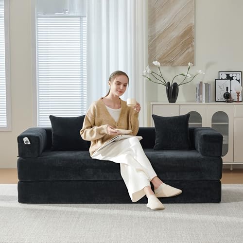 Corduroy Convertible Sleeper Sofa Bed with Pillow, Beige S401207
