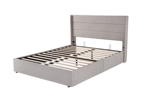 Allewie Full Size Lift Up Storage Bed with Wingback Headboard, Light Beige C85153