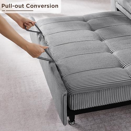 OKD 3 in 1 Convertible Sleeper Sofa Bed, Corduroy Pull Out Futon Couch with Charging Station, Light Grey Y57647