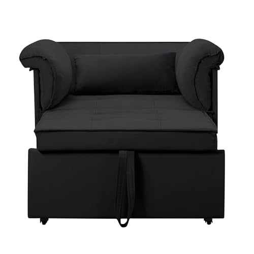 3 in 1 Sleeper Sofa Bed with Side Pocket, Black Convertible Futon Couch W34330