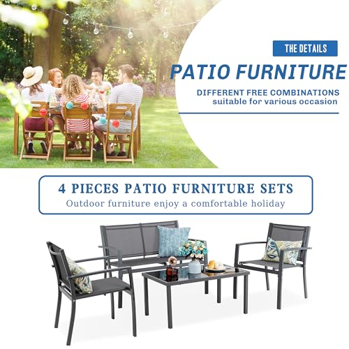 Vongrasig 4 Piece Patio Conversation Set with Glass Coffee Table, Black E428