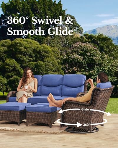 Luxury Patio Furniture Set 7PCS Wicker Conversation Set with Blue Cushions J5390