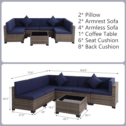 KIGOTY Patio Furniture Set 7 Pieces Outdoor Sectional Sofa with Cushions and Glass Coffee Table B60021