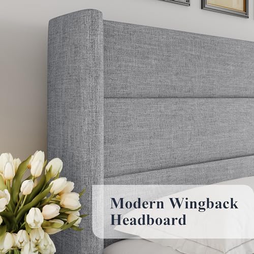 Allewie Full Size Lift Up Storage Bed with Wingback Headboard, Light Beige C85153