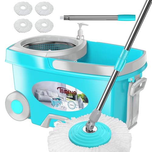 FunClean Spin Mop and Bucket,Mop and Bucket with Wringer Set for Home,360 Spinning Mopping Floor Cleaning Tool with 4 Microfiber Replacement Head Refills,61" Extended Handle, 2X Wheel - Blue
