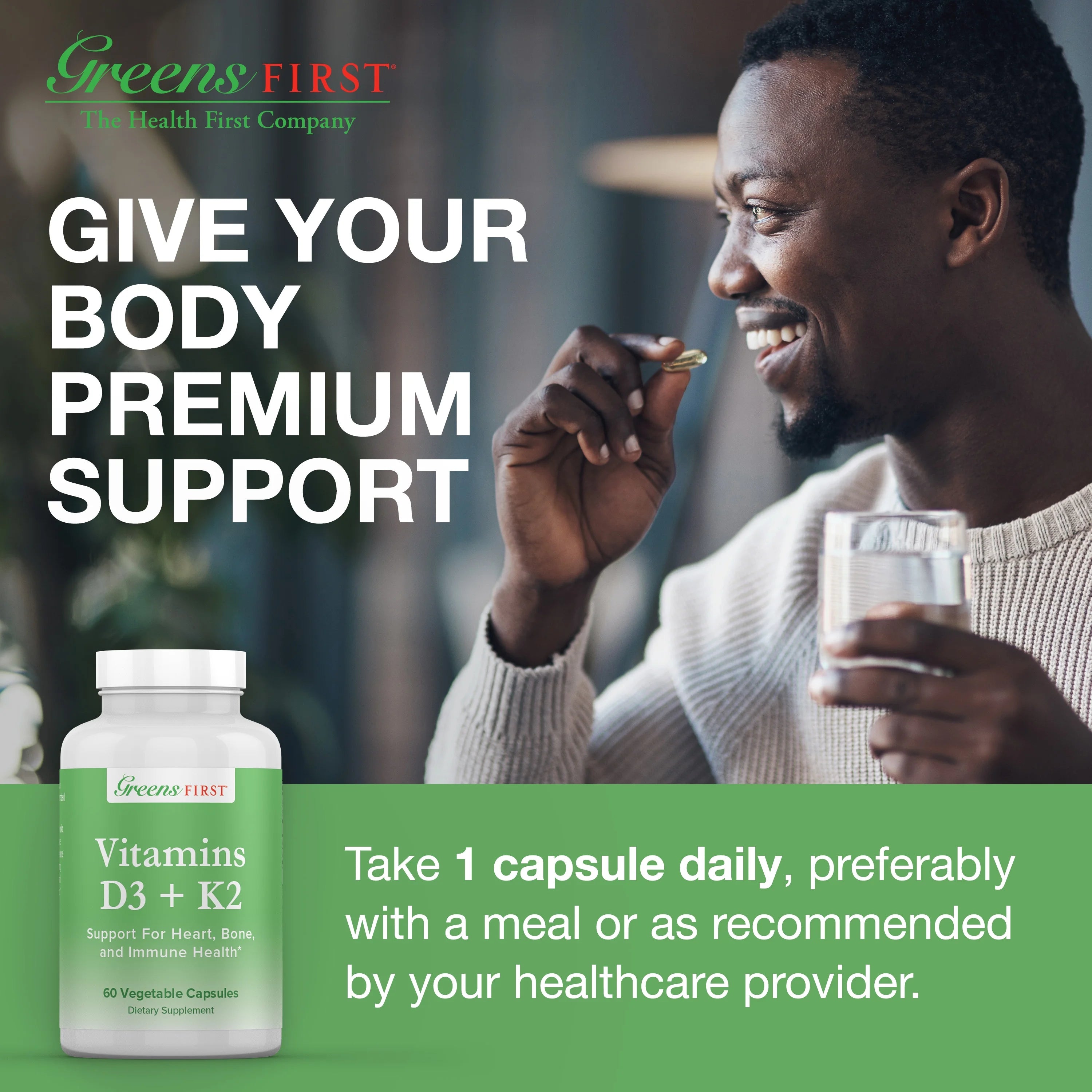 Greens First Vitamins D3+K2, 60 Vegetable Capsules T7752