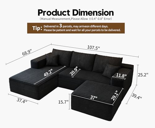 Cloud Modular Sectional Sofa with Ottoman, U Shaped, Black M332378