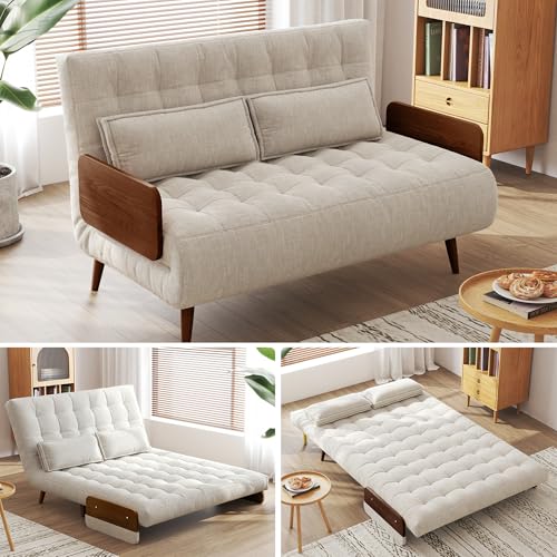 Convertible Chair Bed Sleeper for Adults with Wooden Arms, Linen G638